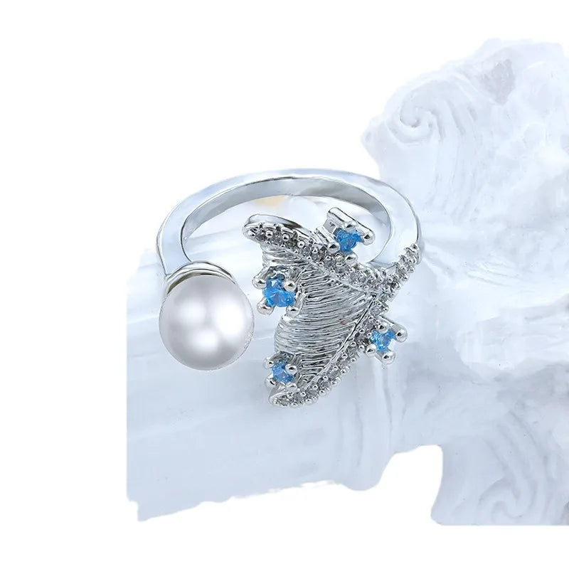Creative Asymmetrical Whale Pearl Sapphire Round Ladies Ring 925 Silver Fashion Ladies Jewelry Wedding Party Gift