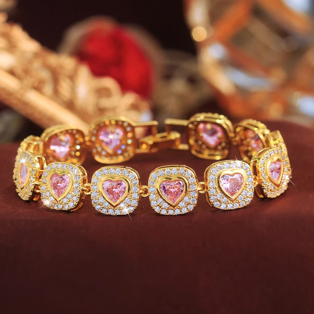 ThreeGraces Luxury Brilliant Pink Heart Zirconia Bridal Wedding Evening Party Geometric Link Chain Bracelet for Women BR474