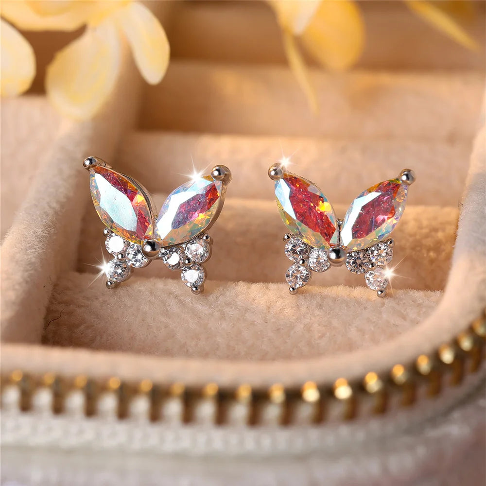 Cute Female White Butterfly Zircon Stone Stud Earrings Silver Color Uquare Girlfriend Gift Wedding Jewelry For Women