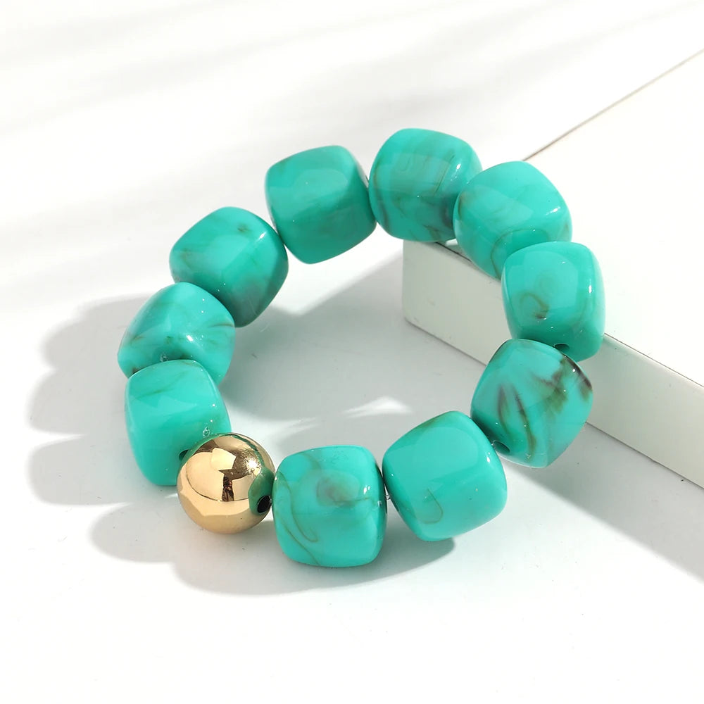 Acrylic Multicolor Irregular Beads Stretchy Bracelets Bangles for Women Resin Marbled Beaded Geometric Elastic Bracelet Jewelry