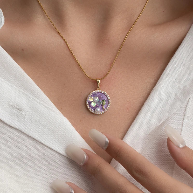 ANENJERY 316L Stainless Steel Pink Blue Round Card Flower Necklace For Women Glamorous French Lady Jewelry Gifts Wholesale