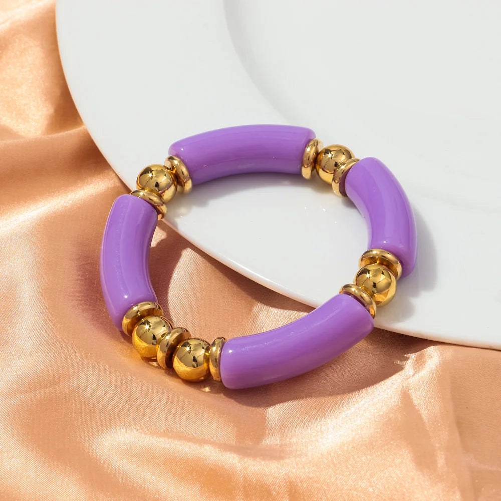 New Design Acrylic Gold Color Beads Chunky Bamboo Bracelets for Women Resin Curved Tube Stretchy Bangle 2024 Fashion Jewelry