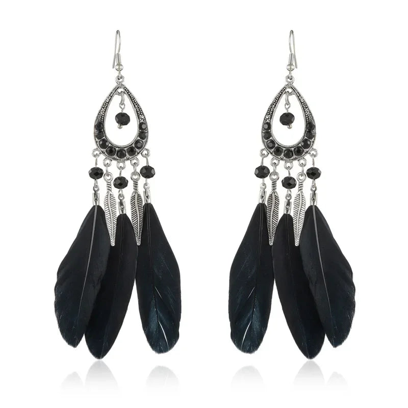 Bohemian Women Handmade Earrings For Female Colorful Long Feather Crystal Drop Tassel Dangle Earring Ladies Boho Jewelry Gift