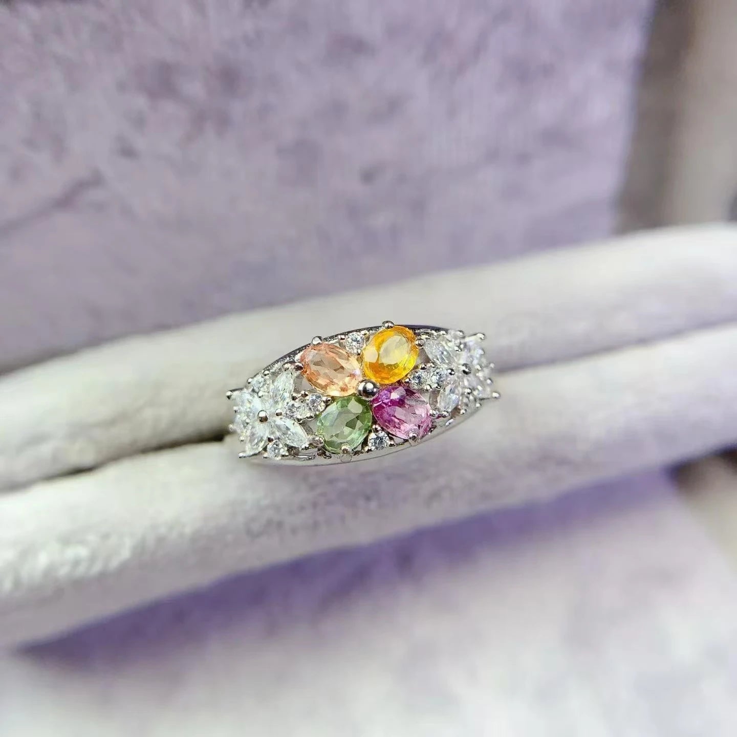 Guarantee Natural Sapphire Ring 3x4mm Multi-color Sapphire Silver Ring with Free Jewelry Certificate Gift for Women