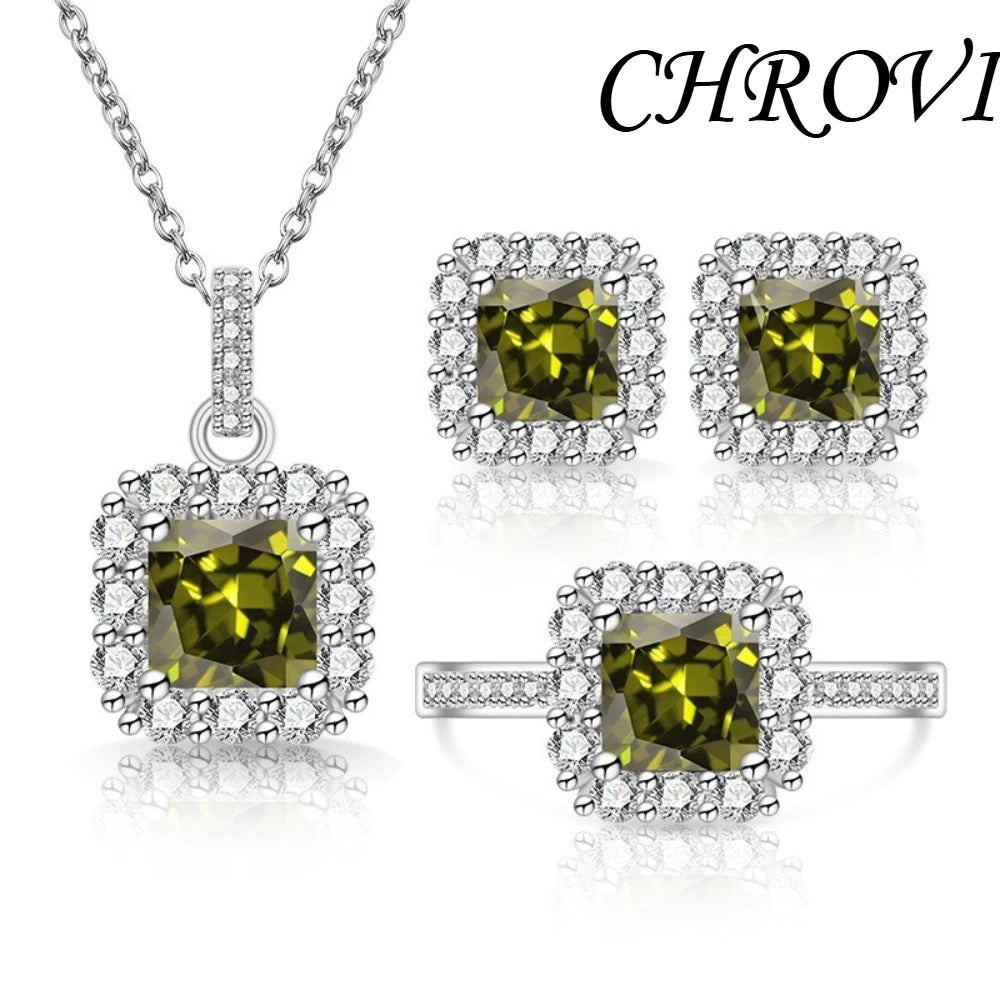 Luxury 925 Sterling Silver Gemstone Small Square Beads with Zirconia Necklace, Earrings, Ring Set and Decorative Items