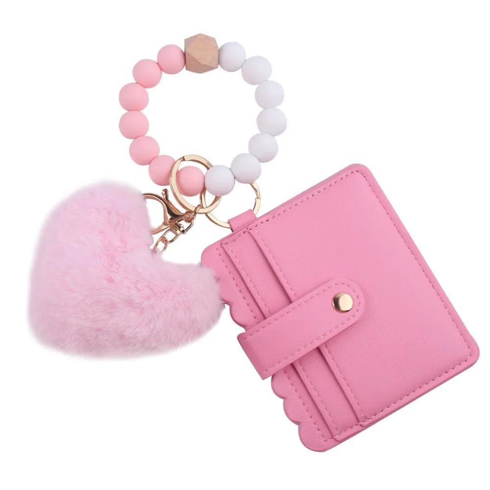 Solid Leather Leather Card Bag Keychain Tassel Design Silicone Beaded Wristlet Keychain Keychain Feature Wristlet Style
