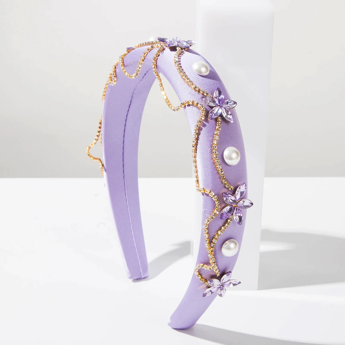 Retro Baroque style solid color diamond studded pearl chain wide edge hair accessory For Women's High-End Banquet Headband