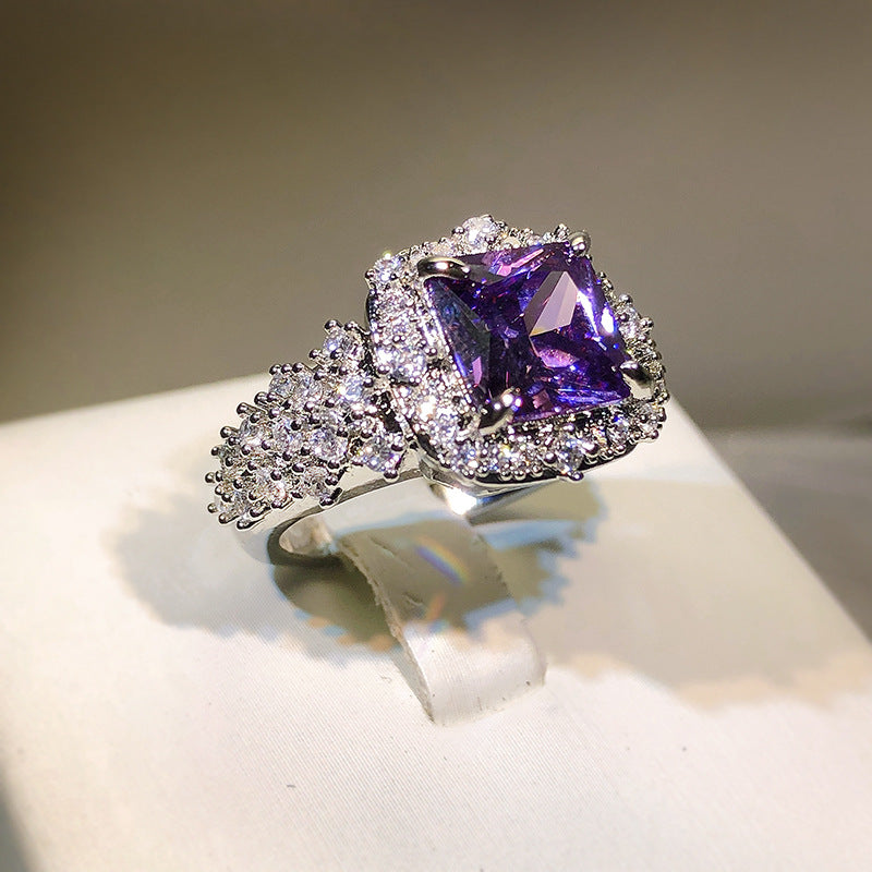 Delicate 925 Silver Color Ring Rectangle Purple Zircon Open Finger Ring Wedding Jewelry Accessories For Women