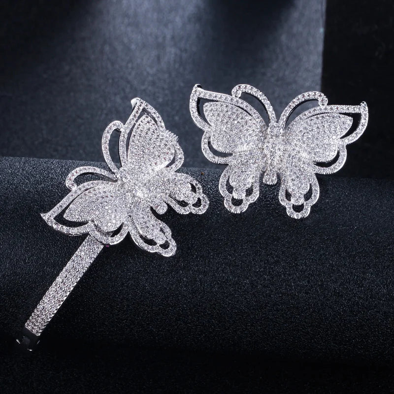 ThreeGrace Luxury Sparkling Cubic Zirconia Wedding Bridal Party Big Butterfly Finger Ring and Bangle Jewelry Set for Women JS543