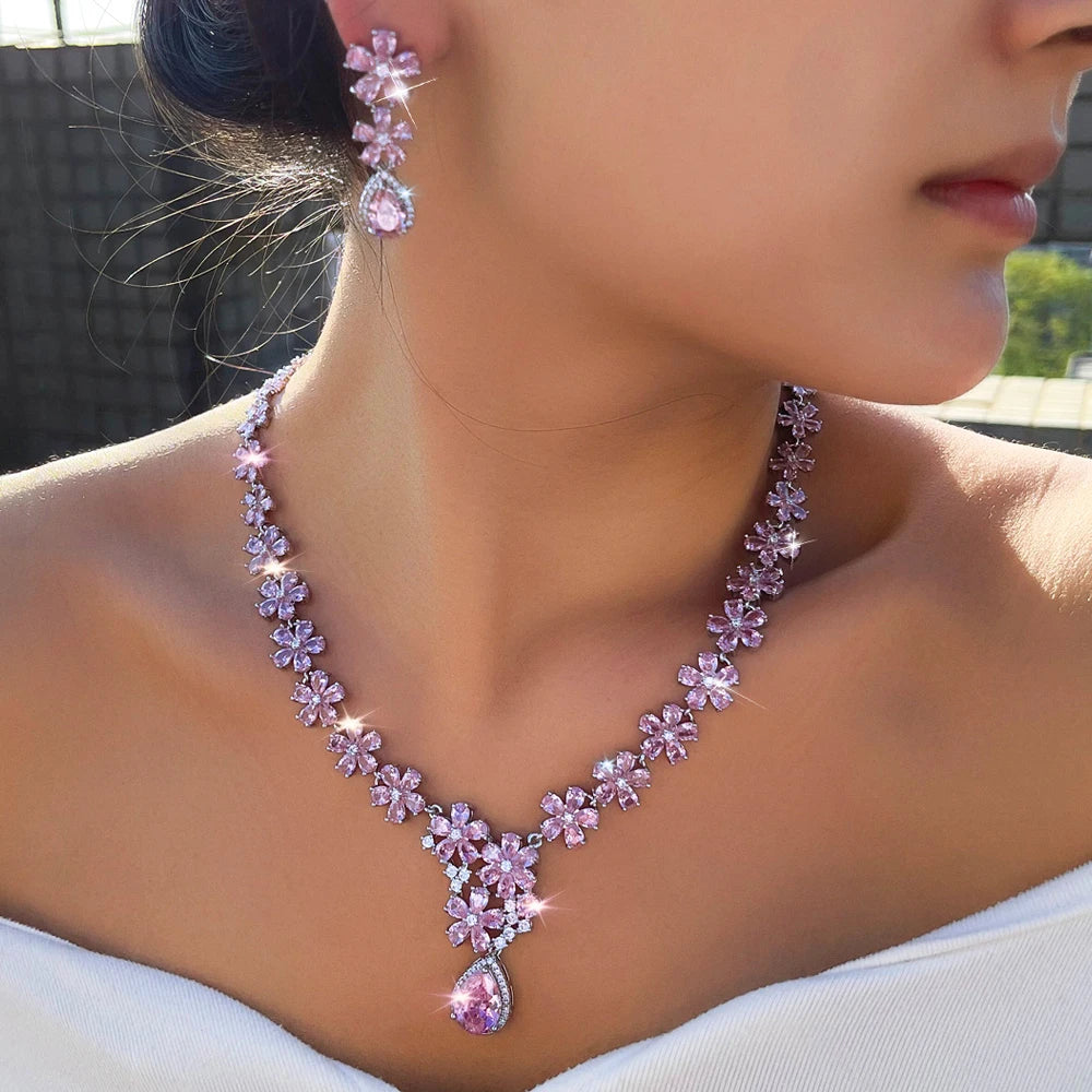 ThreeGraces Vintage Brilliant Pink Water Drop Zirconia Flower Shape Bridal Wedding Evening Party Jewelry Set for Women T1204