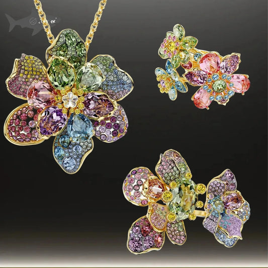 2026 New Trendy Octagonal Crystal Geometric Necklace Earrings Ring Set for Women Exquisite Floral and Butterfly Jewelry Set