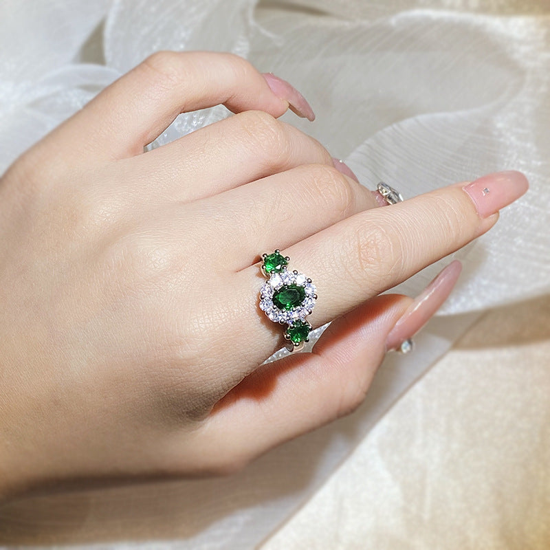 925 Stamp New Green Shiny Zircon Ring For Women's Fashion Green Ring Opening Adjustable Jewelry Bridal Engagement Ring