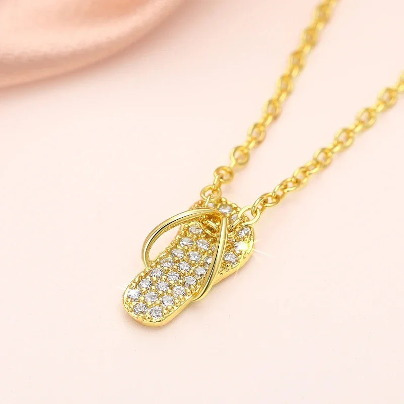 Chic Flip Flops Shaped Pendant Necklace for Women Bling Crystal CZ Funny Summer Girls Neck Accessories Statement Jewelry
