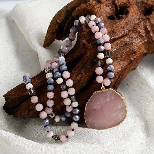 Women Fashion Bohemian Style 8mm Multicolor Natural Stone Glass Knotted Necklace Irregular Cut Surface Heavy Stone Pendant