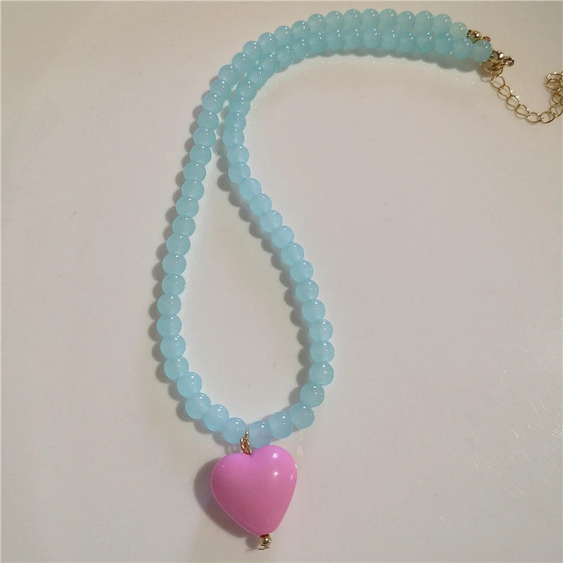 2026 Trendy Aesthetic Resin Candy Color Heart Pendant Glass Beaded Choker Charm Necklace For Women Girl Y2K Jewelry Accessories