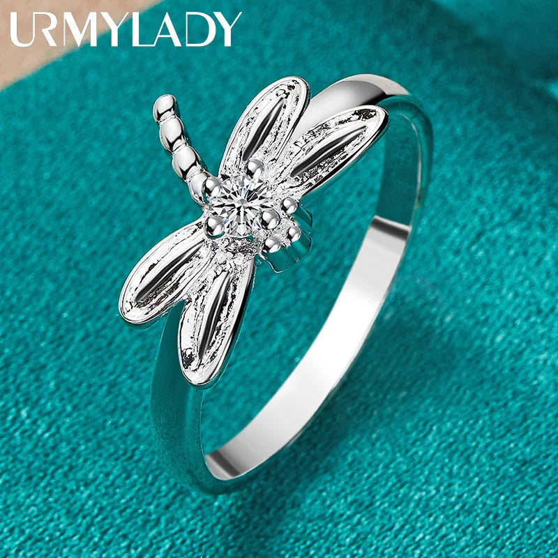 URMYLADY 925 Sterling Silver Dragonfly Necklace Bracelet Earring Ring Jewelry Set For Women Wedding Party Fashion Charm Gift