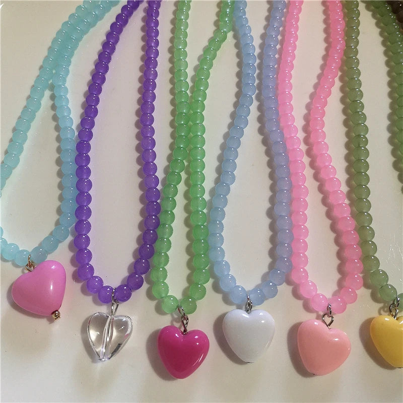 2026 Trendy Aesthetic Resin Candy Color Heart Pendant Glass Beaded Choker Charm Necklace For Women Girl Y2K Jewelry Accessories