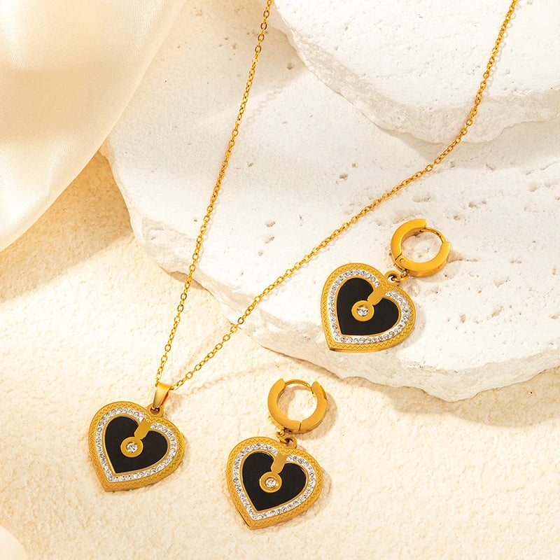 ANENJERY 316L Stainless Steel Double sided Heart Shiny Zircon Necklace Earrings For Women Niche Vintage Jewelry Gifts Wholesale
