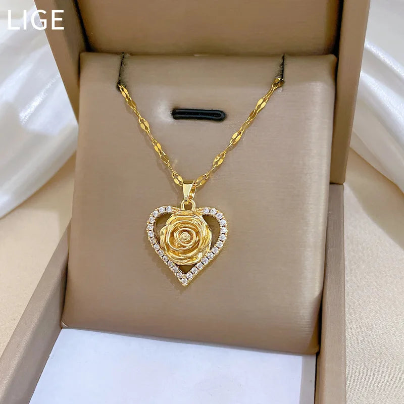 Unique Heart CZ Rose Flower Design Women's Pendant Necklace Aesthetic Bridal Wedding Accessories Gift for Mother's Day New