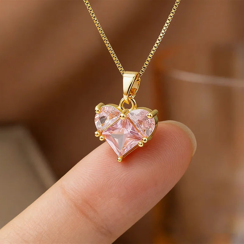 EILIECK Women's Trendy Floral Pink Zirconia Pendant Necklace Stainless Steel Neck Chain Daily Water-resistant Jewelry Lady Gift