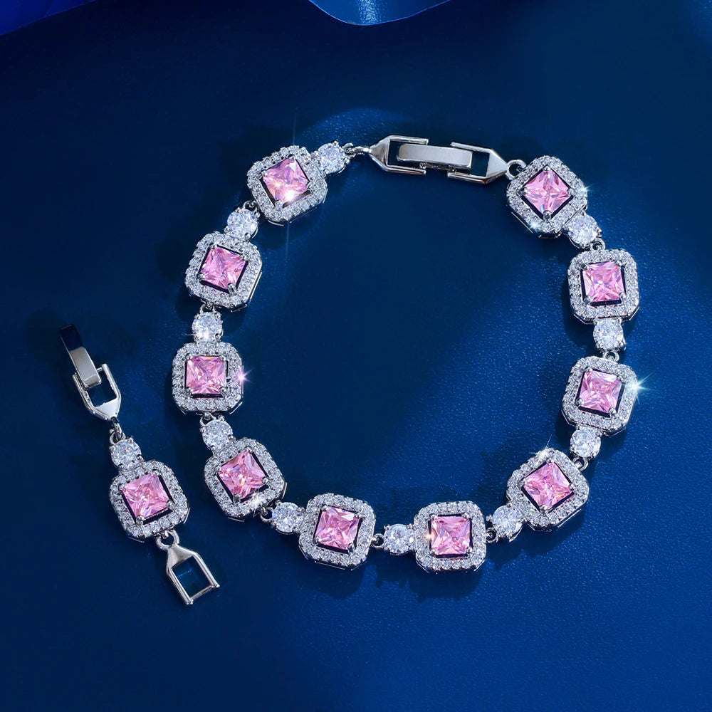 ThreeGraces Trendy Elegant Shiny Pink Green Square Zirconia Bridal Wedding Party Link Chain Bracelet Jewelry for Women BR600
