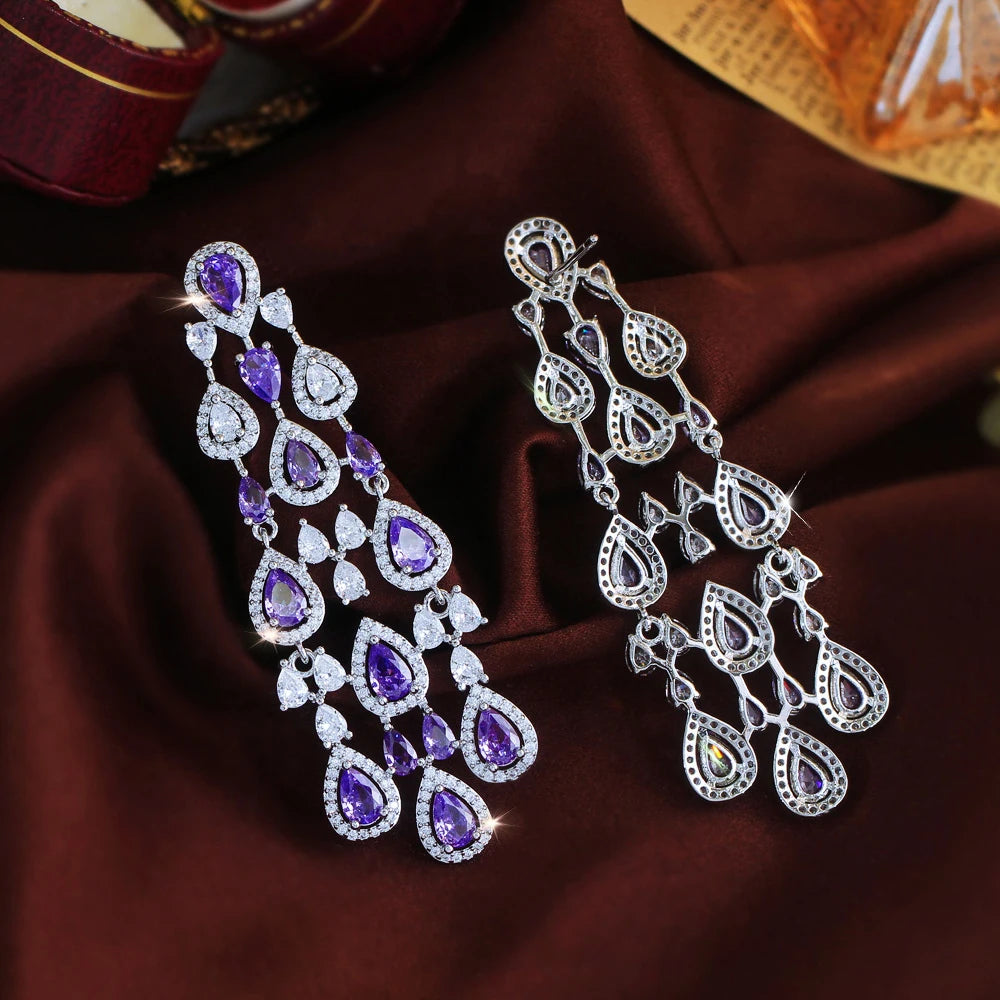 ThreeGraces Vintage Shiny Purple Zirconia Long Tassel Chandelier Drop Bridal Wedding Party Earrings for Ladies Jewelry ER531