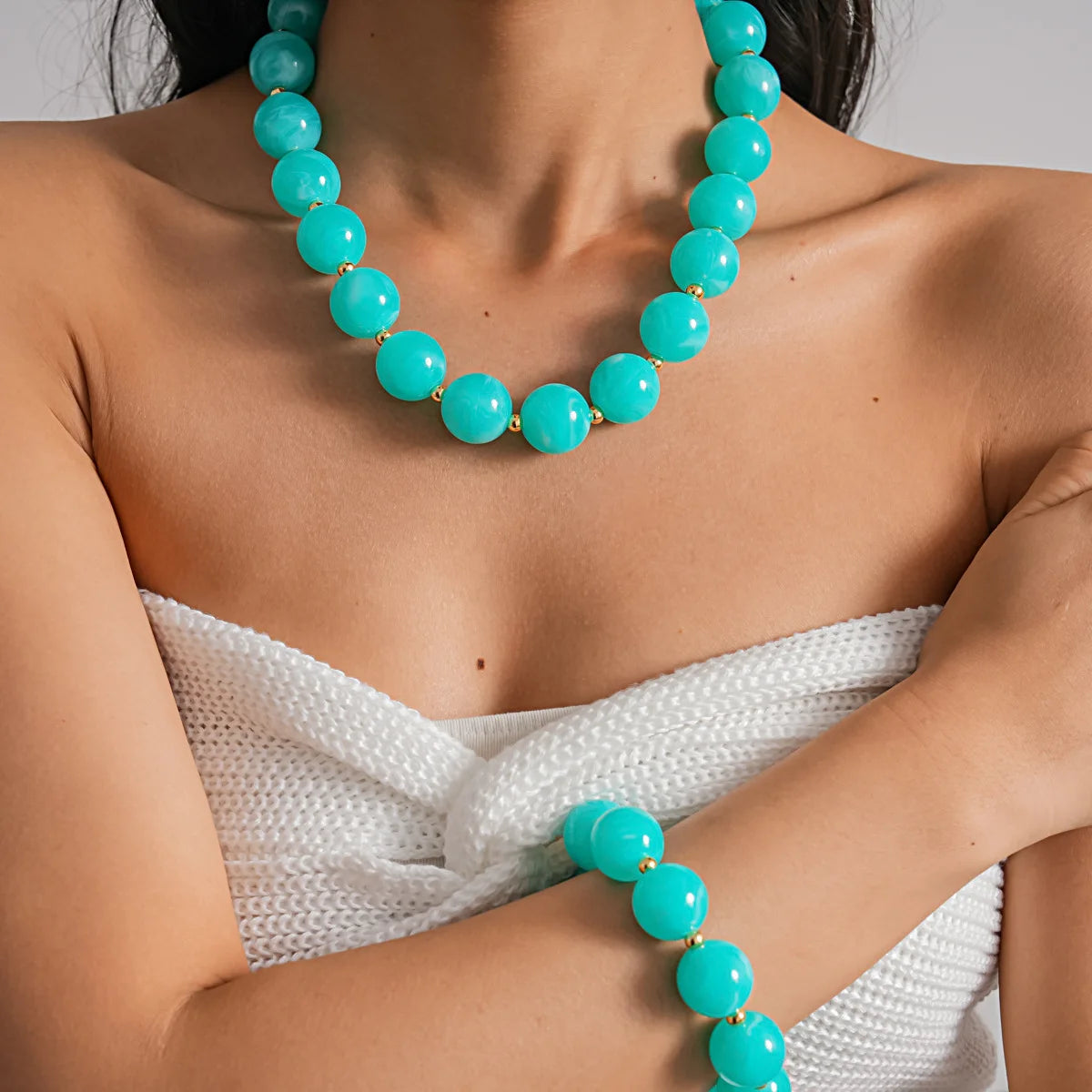 KMVEXO Fashion Colorful Acrylic Big Beads Necklace Bracelet Set for Women Personality Originality Holiday Jewelry Accessories