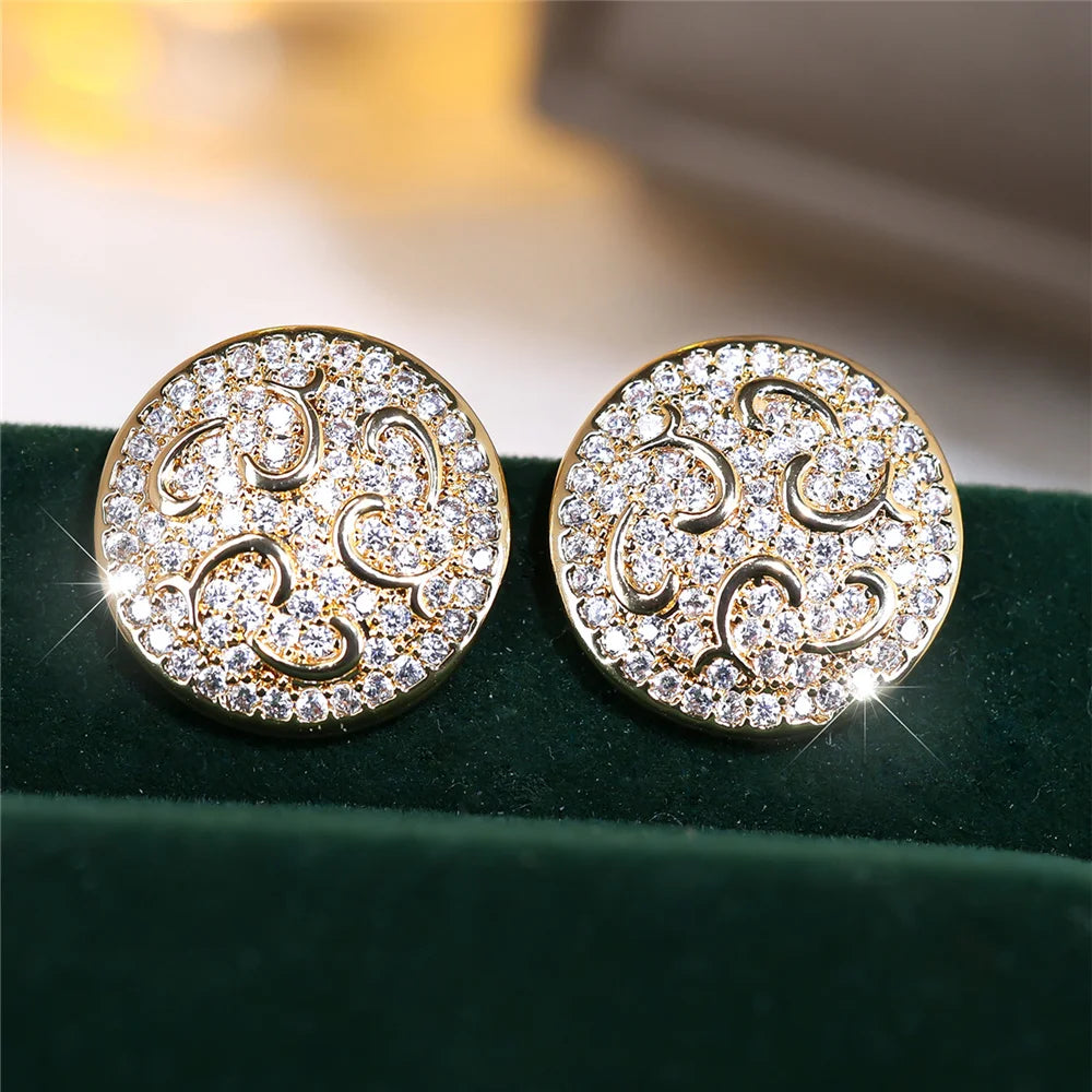 Cute Female Stone White Zircon Round Stud Earrings Gold Color Wedding Jewelry For Women