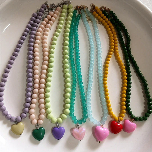Kpop Resin Candy Color Heart Pendant Glass Beaded Short Choker Collar Neck Necklace Aesthetic Charm Jewelry Y2K Accessories
