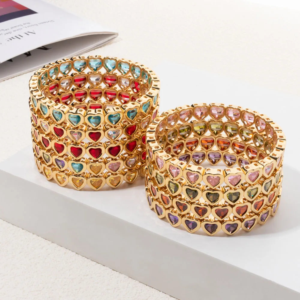 New Copper Heart Beads Gold Color Bracelets for Women Colorful Rhinestone Girl Bangle 2025
