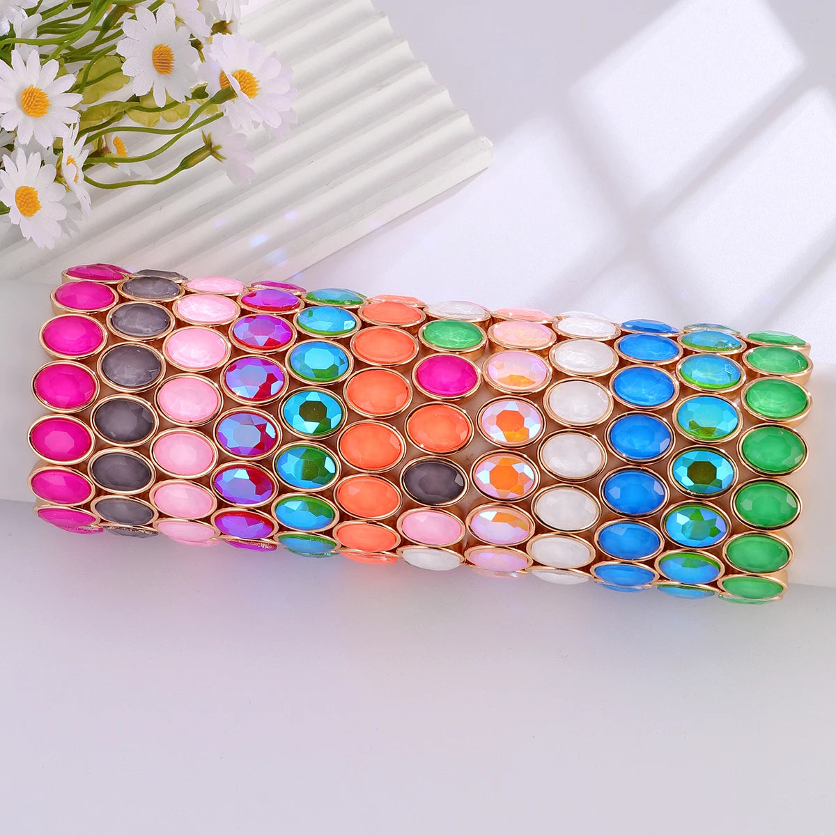 2026 New Arrival Glass Crystal Candy Beads Bracelets Colorful Rhinestone Girl Women Gold Color Bangle Bohemian Style Bracelet
