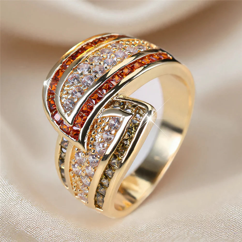 Cute Female White Zircon Stone Gold Color Wedding Jewelry Promise Engagement Wheat Rings For Women