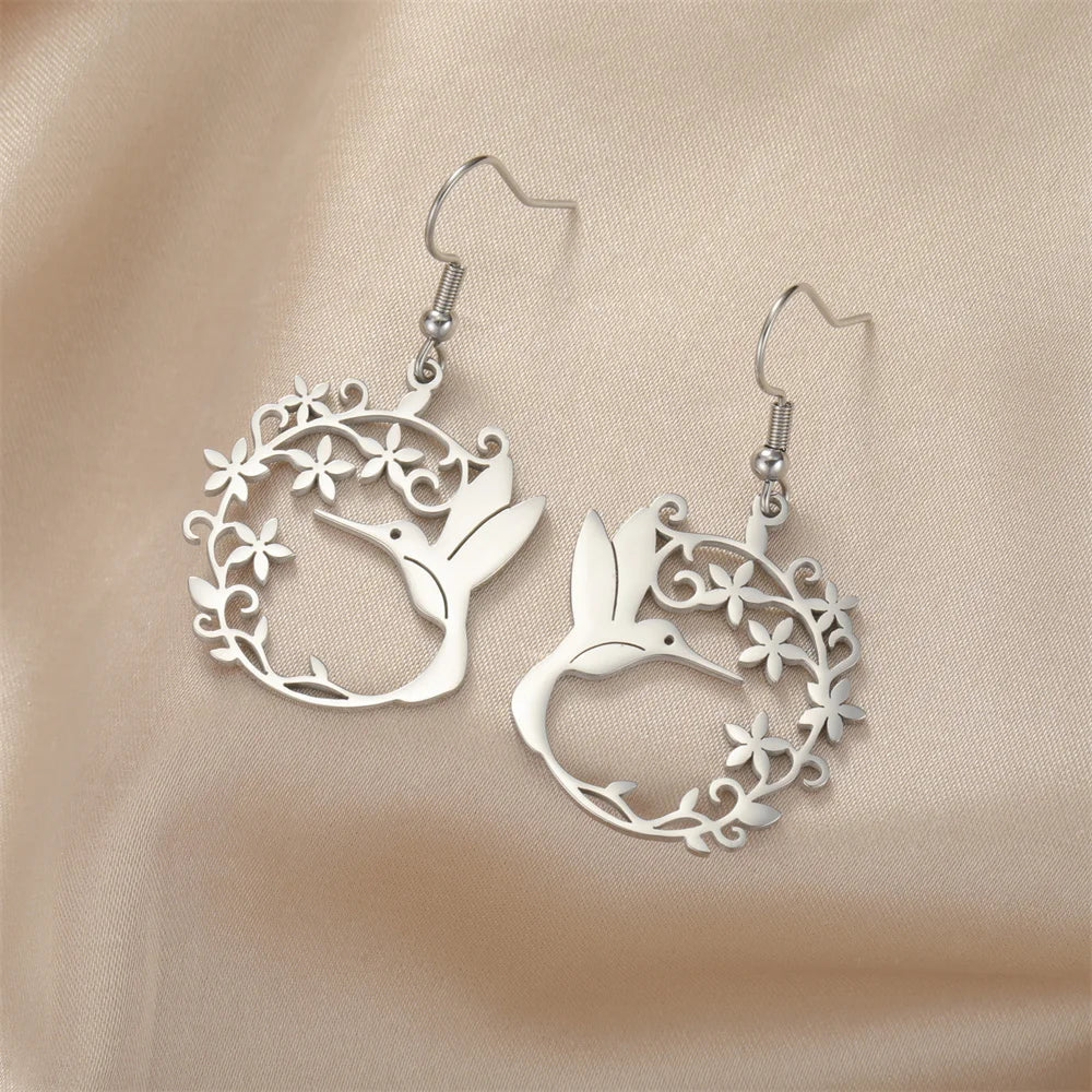 My Shape Hummingbird Earrings for Women Stainless Steel Flowers Birds Dangle Earrings Filigree Boho Fashion Jewelry  Gifts