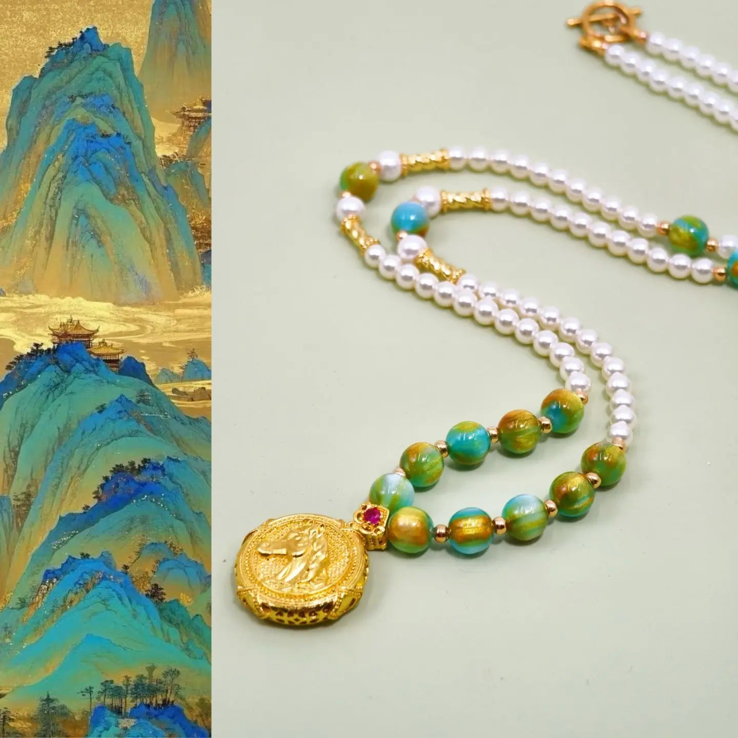 Year of the Horse Limited Oil Painting Gilded Pearl Pendant, Chinese Style Double layered Shijia High quality Pearl Necklace, Ho