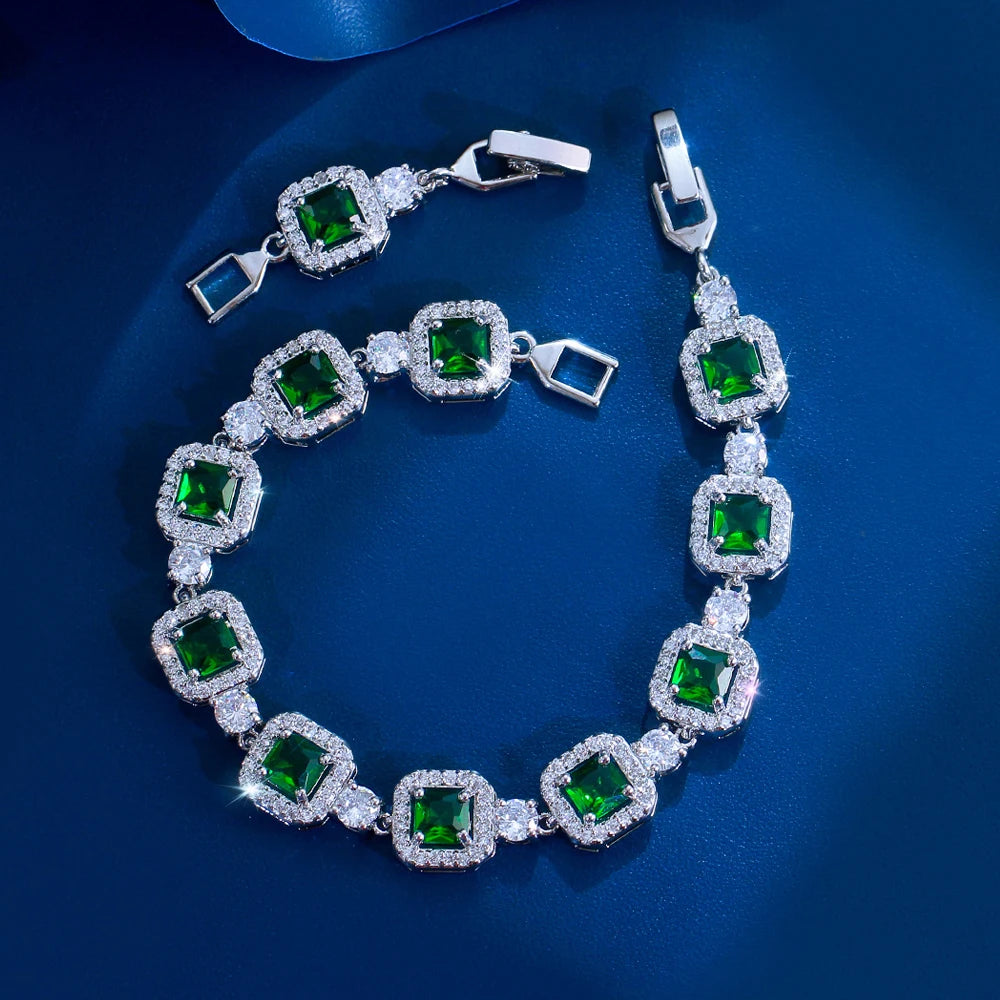 ThreeGraces Trendy Elegant Shiny Pink Green Square Zirconia Bridal Wedding Party Link Chain Bracelet Jewelry for Women BR600