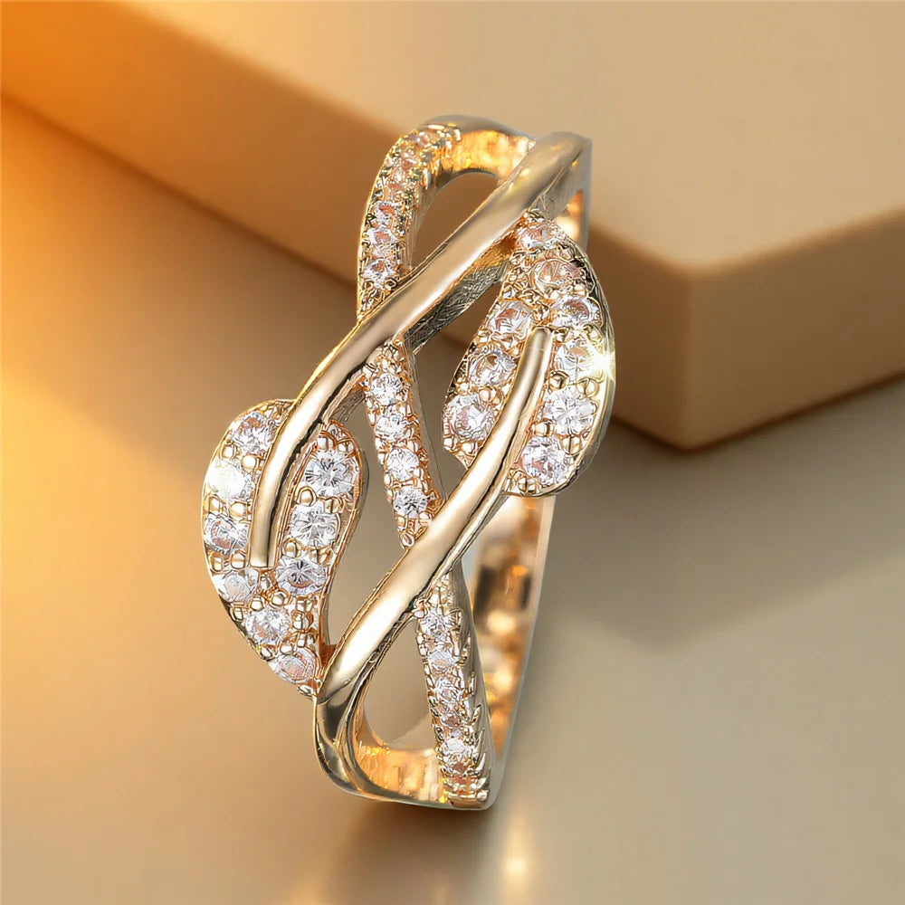 Cute Female White Zircon Stone Tree Leaf Ring Gold Color Engagement Charm Wedding Jewelry For Women