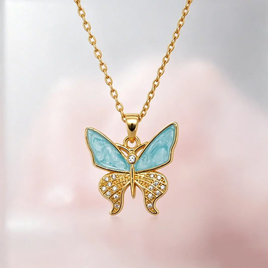 Small Charm Luxury Butterfly White Zircon Green Enamel Pendant Necklace Vintage Gold Color Wedding Jewelry For Women