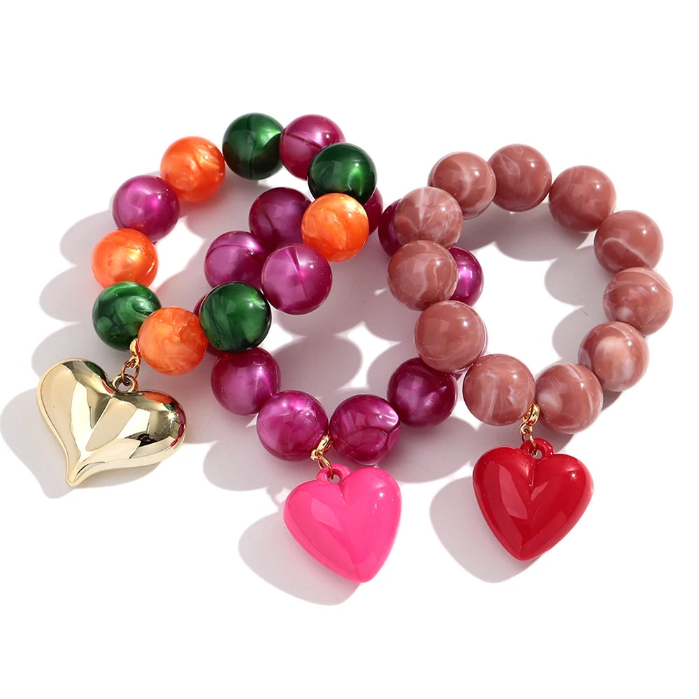 Boho Colorful Round Beads Heart Pendant Elastic Bracelets Fashion Geometric Beaded Bangle Bracelet Women Jewelry Gifts
