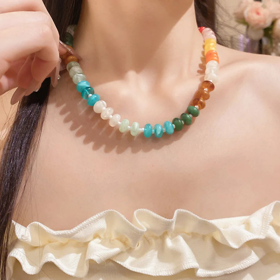 European American Jewelry Rainbow Acrylic Beaded Clavicle Chain Dopamine Sweet Irregular Necklace for Women