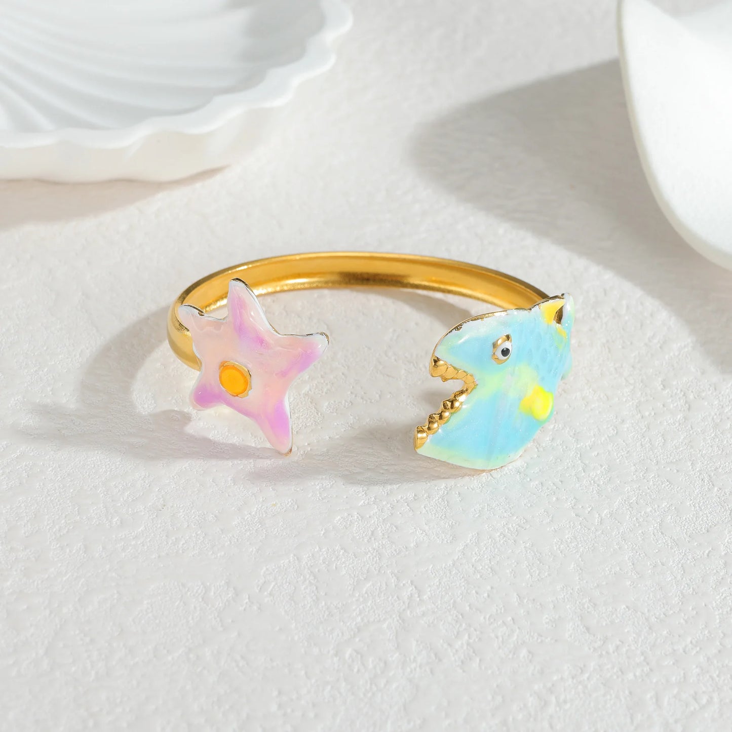Freeteeme Stylish Colorful Oil Dripping Shell Starfish Bangle for Women Stainless Steel Ocean Series Open Bracelets Beach Gifts
