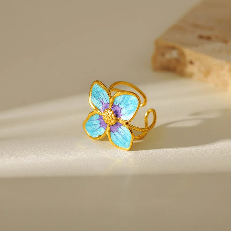 EILIECK 316L Stainless Steel Blue-purple Flowers Open Ring for Women Stylish Design Water Resistant Metal Finger Rings Jewelry