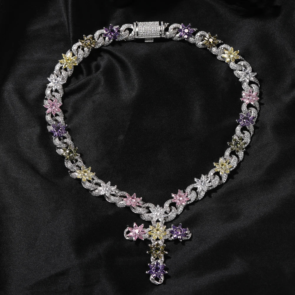Colorful Flower Cross Charms Cuban Chain Full Pave Iced Out Baguette Cubic Zirconia HipHop Jewelry Unisex Gift For Men Women