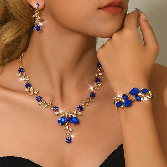 Vintage Floral Tassel Earrings Bracelet Set Water Drop Rhinestone Necklace for Women Wedding Party Daily Wear