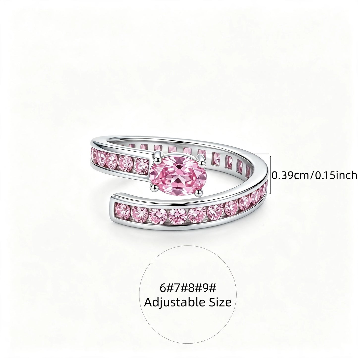Silver Color Inlaid Oval Pink CZ Luxury Adjustable Women Open Ring, Jewelry Gift for Commute Party Dating Vacation
