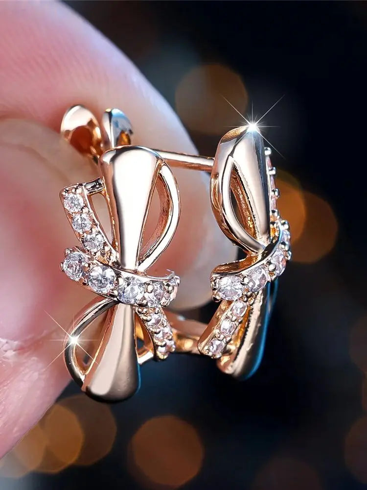 Charm Female White Crystal Zircon Stone Cute Bowknot Hoop Earrings Gold Color Simple Wedding Jewelry For Women