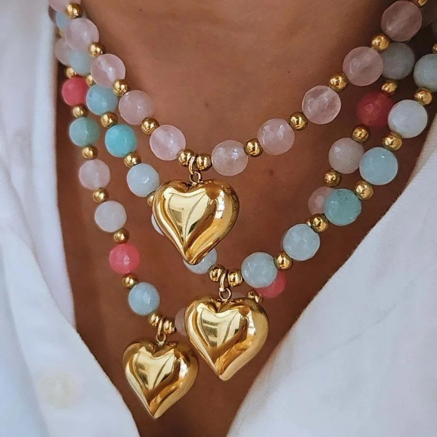 Bohemian Natural Stone Beaded Necklace Y2K Aesthetic Big Gold Color Puffy Heart Pendant Boho Choker Summer Beach Jewelry