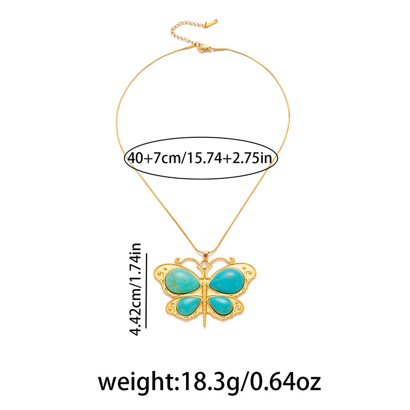ANENJERY 316L Stainless Steel Turquoise Cross Butterfly Geometry Pendant Necklace For Women Niche Boho Exaggerated Jewelry Gifts