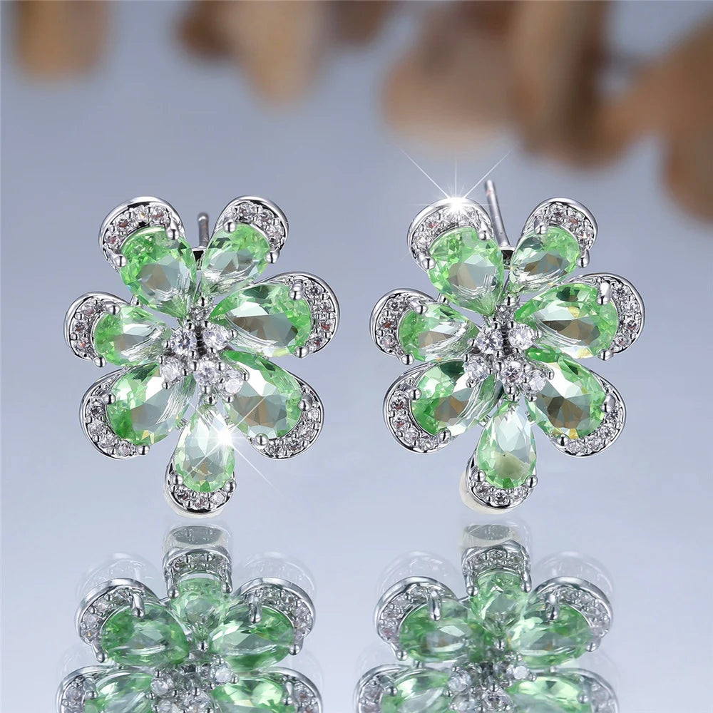Cute Female Green Zircon Flower Stud Earrings Silver Color Wedding Jewelry For Women