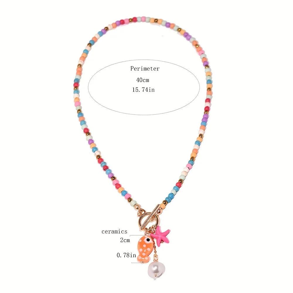 HOT Bohemian Sea-Inspired Ceramic Fish & Starfish Pendant Necklace with 4mm Synthetic Turquoise Beads, Lightweight Beach Jewelry