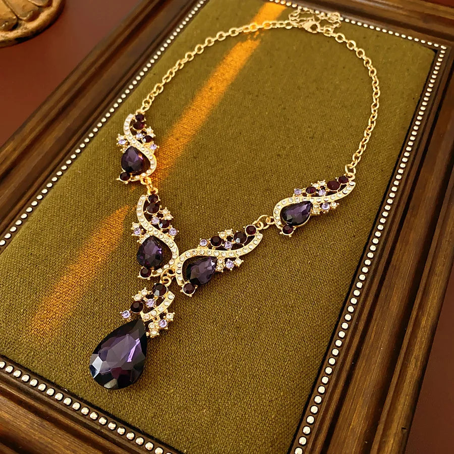 Purple Rhinestone Pendant Necklaces Drop Earrings Party Banquet Jewelry Set Vintage Water Drop Necklace Earrings Accessories H